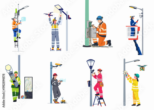 Flat illustrations of diverse technicians and maintenance workers repairing and installing smart city streetlights, security cameras, and electrical systems using modern technology.