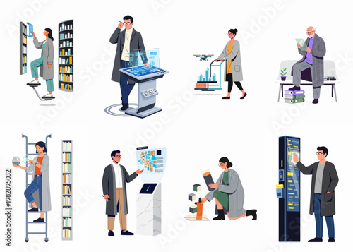 Set of flat vector illustrations showing people interacting with advanced technology in a futuristic library or digital archive environment.