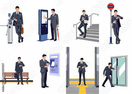 Set of flat vector illustrations of a businessman commuting, checking time, and using various transit station facilities.