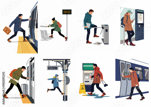 Collection of flat design illustrations depicting diverse commuters at a train station, including people rushing for trains, using ticket machines, and boarding carriages.