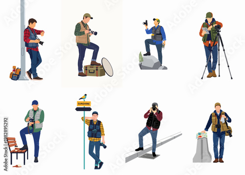 Collection of flat illustrations of male photographers in outdoor gear, posing with cameras, tripods, and equipment in various field settings.