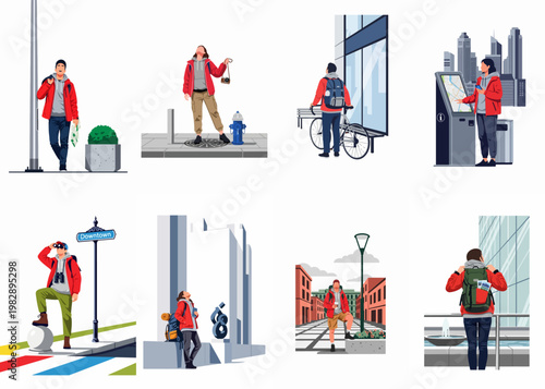Collection of illustrations showing diverse tourists and travelers exploring a city, using maps, cameras, and backpacks for urban adventures.