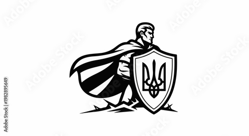 Heroic figure with cape holding a shield bearing national emblem