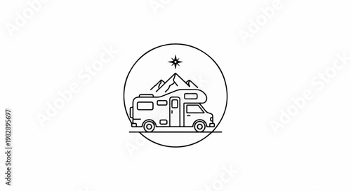 Line art icon of a recreational vehicle against mountains and a star