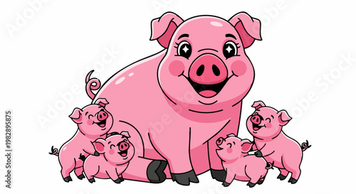 A happy pink pig and her adorable piglets play together in a green meadow in 4k ultra hd original content for commercial use