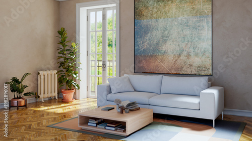 3D render, illustration Luxury modern living room interior,  realistic lighting, wide angle, contemporary furniture, clean lines, minimalist decor, elegant home design, large window