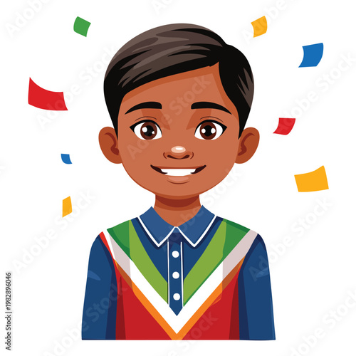 Smiling young boy with confetti celebrating joy and happiness vector illustration