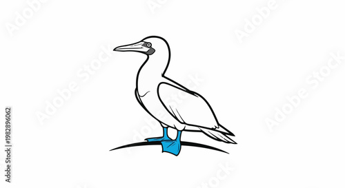 Stylized illustration of a seabird with striking blue feet standing on a curved line
