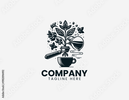 Coffee plant growing from portafilter dripping into cup in detailed black vector logo illustration style with elegant line art on white background