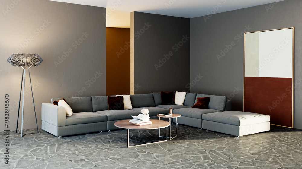 Naklejka premium 3D render, illustration Luxury modern living room interior, realistic lighting, wide angle, contemporary furniture, clean lines, minimalist decor, elegant home design, large window