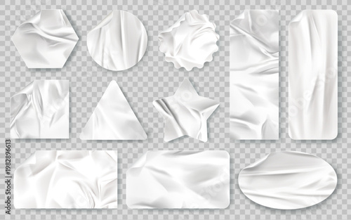 Crumpled paper sticker mockup with realistic texture and adhesive corner effect. White label template with glued edges, torn details and subtle shadow for authentic sticky note presentation.