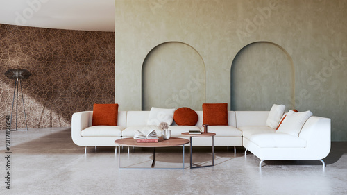 3D render, illustration Luxury modern living room interior,  realistic lighting, wide angle, contemporary furniture, clean lines, minimalist decor, elegant home design, large window