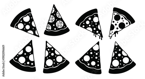 A collection of black and white pizza slices with various dotted toppings