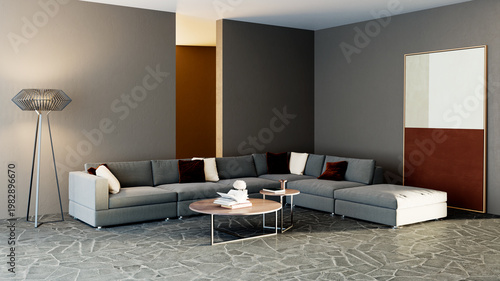 3D render, illustration Luxury modern living room interior,  realistic lighting, wide angle, contemporary furniture, clean lines, minimalist decor, elegant home design, large window