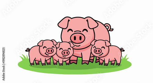 A mother pig and her adorable piglets play on green grass in 4k ultra hd original content for commercial use