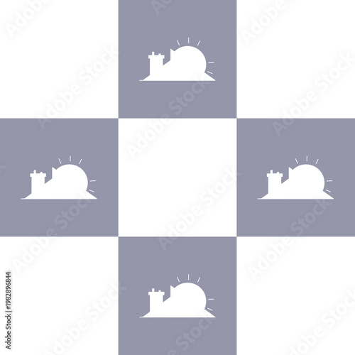 Minimalist House and Sunrise Icon Pattern in Grey and White