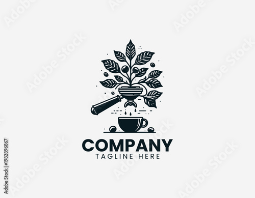 Coffee plant growing from portafilter dripping into cup in detailed black vector logo illustration style with elegant line art on white background
