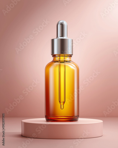 A clear glass dropper bottle filled with golden liquid stands upright on a round white pedestal against a soft pink gradient background.