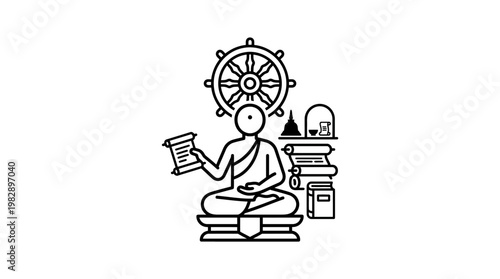 Minimalist Buddhist Monk Seated in Meditation with Symbols