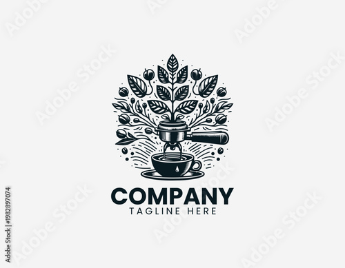 Coffee plant growing from portafilter dripping into cup in detailed black vector logo illustration style with elegant line art on white background