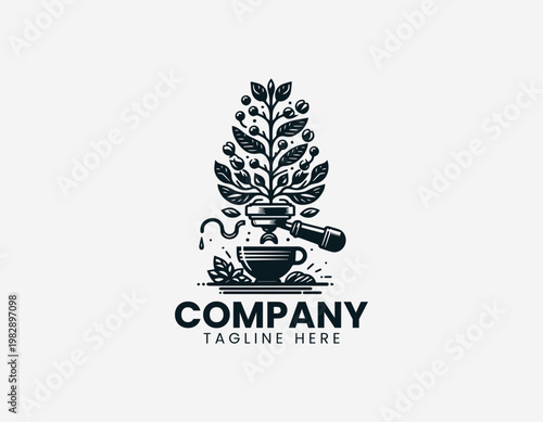 Coffee plant growing from portafilter dripping into cup in detailed black vector logo illustration style with elegant line art on white background