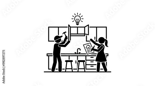 Couple with Idea Installing Kitchen Cabinets