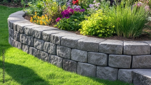 Stone Retaining Wall Supporting Lush Garden Blooms