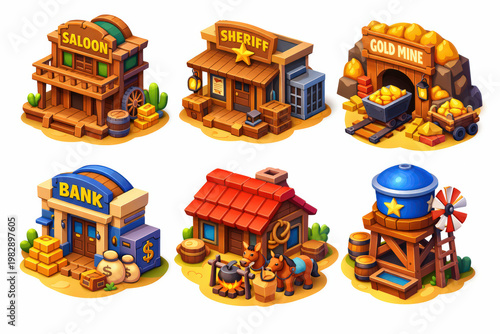 Isometric wild west buildings set, saloon, sheriff office, bank and frontier houses, 3D game assets