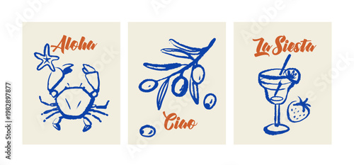 Vintage summer Italian Mediterranean food set. Hand drawn crayon isolated vector illustration. Sketch vacation restaurant menu design. Crab, olives, cocktail, berry.