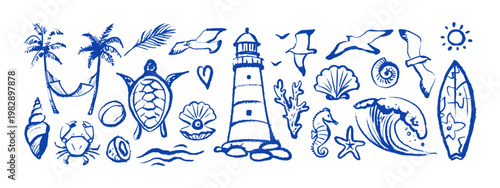 Hand drawn crayon tropical set. Dolce vita summer vibe. Vintage Italy Mediterranean coastal vacation poster. Vector sketch isolated illustration