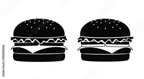 Two black and white illustrations depicting classic cheeseburgers with sesame seed buns