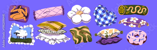 Different designs of decorative pillows set. Fashion cushions and bolsters with funny patterns for sofa and bed. Interior decoration of bedroom with textiles. Flat isolated vector illustrations
