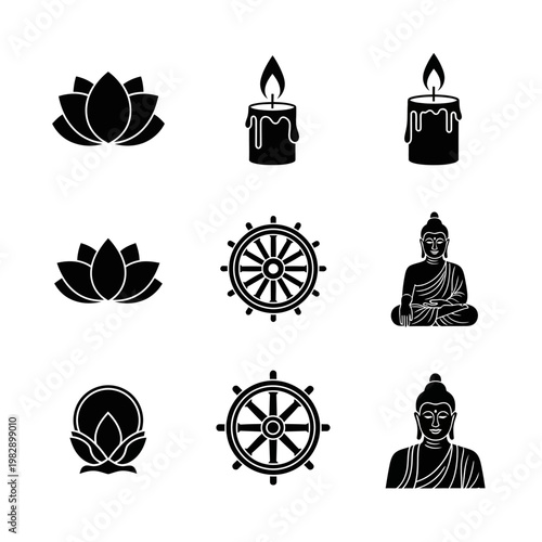 Buddha Purnima Icon Pack Lotus Candle Dharma Wheel Black Vector Set