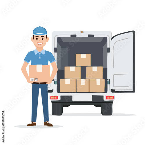 Delivery man with parcels near van ready for service isolated