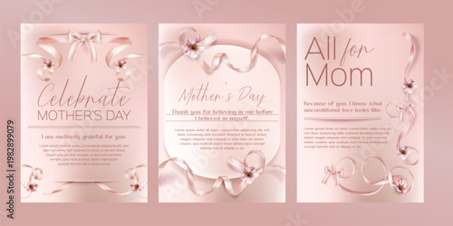 Card with spring flowers and happy Mother Day celebration design. Elegant floral card with pink sakura blossoms, decorative ribbons and congratulation template for birthday or greeting poster.