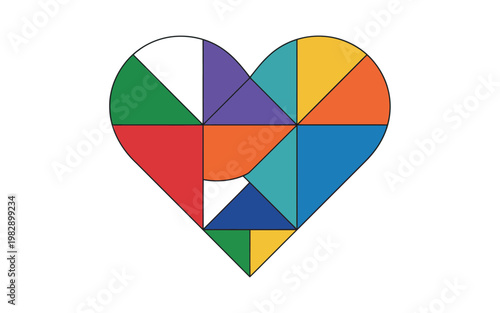 A colorful heart shape made up of various geometric shapes and vibrant colors