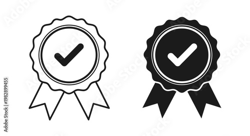 Award medal with checkmark icon black and white vector graphic
