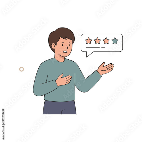 Man presents rating with speech bubble showing stars and explanation