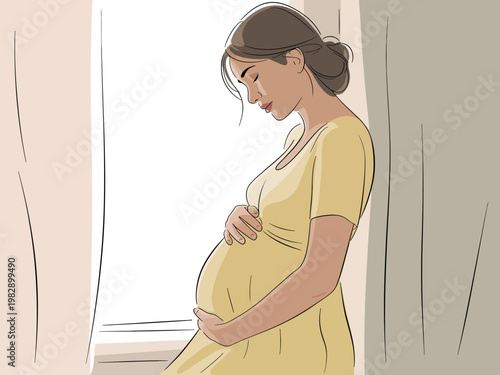 A pregnant woman stands by a window, cradling her belly with care and serenity.