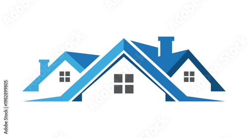 Stylized blue and grey house roofs forming a modern real estate logo on a white background, representing housing and property development.