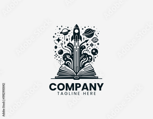 Open book with rocket and space elements is illustrated in clean modern black vector logo style on white background
