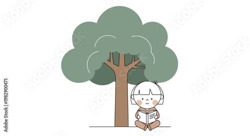 Cartoon child sitting under tree.
