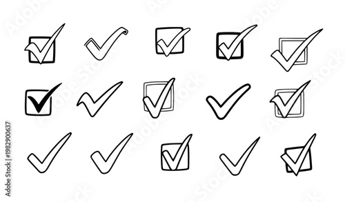 Checkmark Icon Set with Tick Symbols and Checkbox Variations in Minimal Outline Style for UI Design, Forms, Apps and Web Interfaces