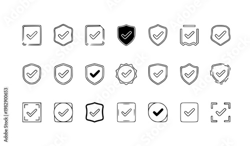 Checkmark Shield and Badge Icon Set with Approval, Verification, Security and Quality Symbols in Minimal Outline Style for UI, Apps and Web Design