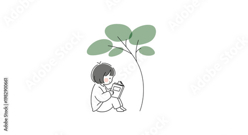 Child Sitting Under a Tree Reading.