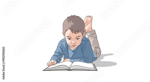 Young boy reading a book lying down.