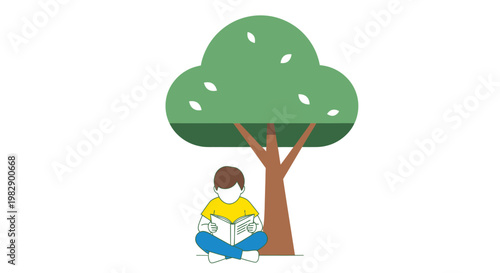 Boy sitting under tree reading book.