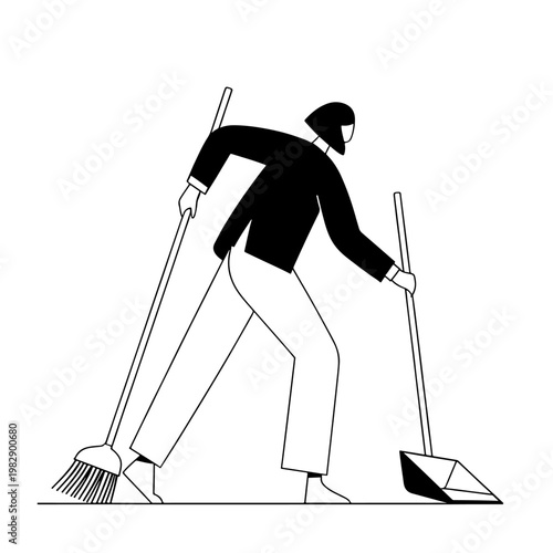Illustration of a person sweeping with a broom and dustpan on a white background isolated