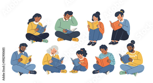 Group of diverse people reading books.