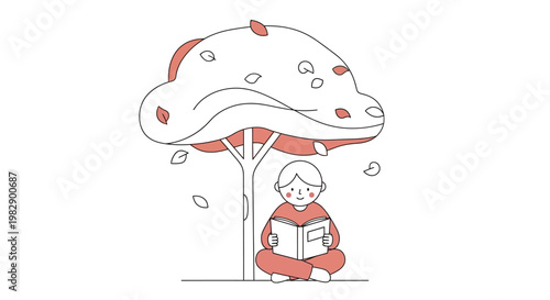 Child sitting under a mushroom reading.
